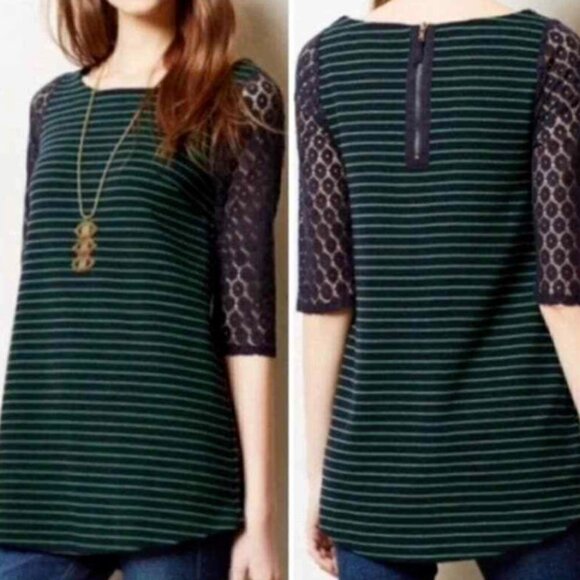 Anthropology Postmark Striped Tunic Lace Sleeves Sz S Blue & Green 91E - Picture 1 of 9